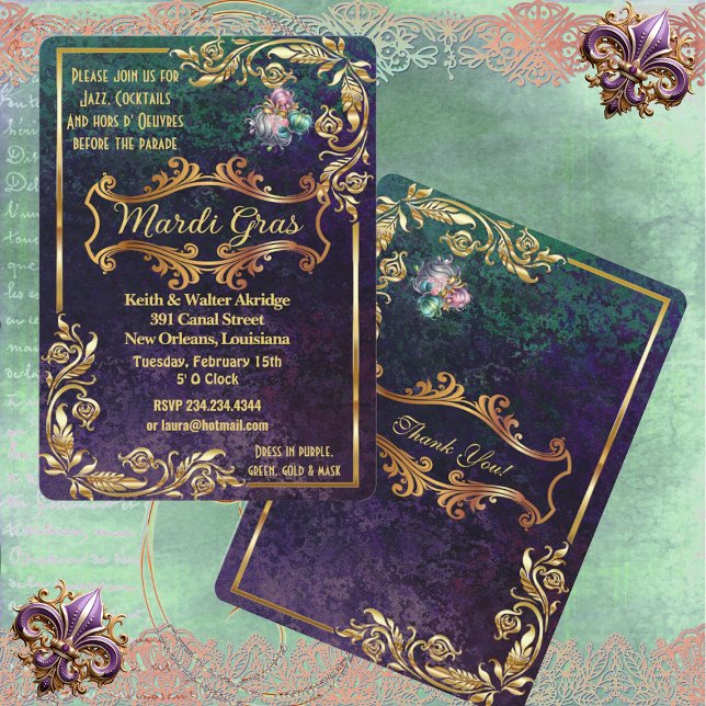 Emerald Purple Golden Mardi Gras Masquerade Party  Invitation (Emerald Purple Golden Mardi Gras Masquerade Party Invitation)