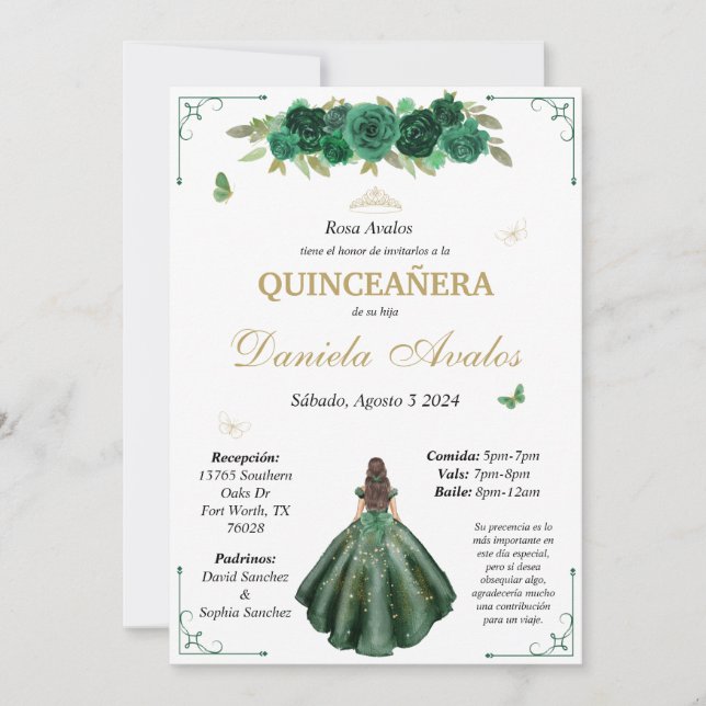 Emerald Quinceañera Invitation in Spanish (Front)