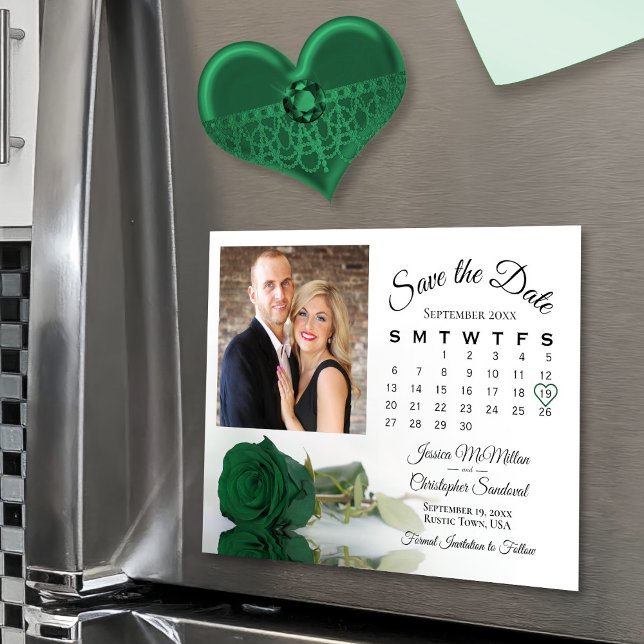 Emerald Rose Calendar Photo Save the Date Magnet (Convenient magnetic back)