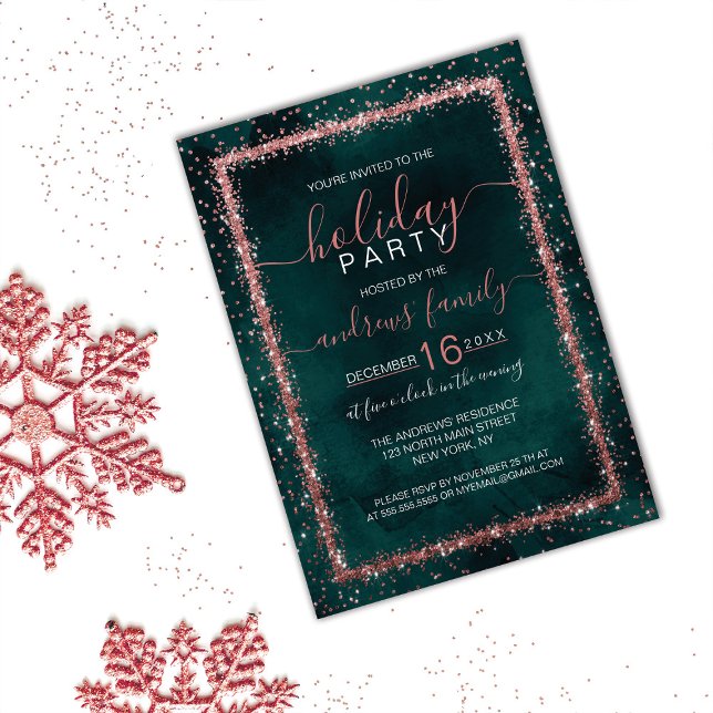 Emerald Rose Gold Sprinkled Confetti Holiday Invitation (Creator Uploaded)