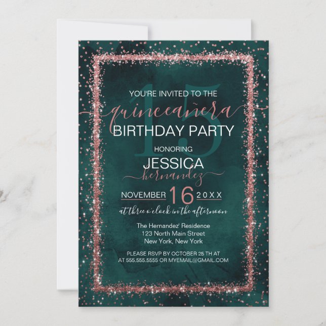 Emerald Rose Gold Sprinkled Confetti Quinceañera Invitation (Front)