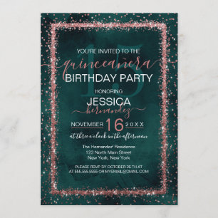 Emerald Rose Gold Sprinkled Confetti Quinceañera Invitation