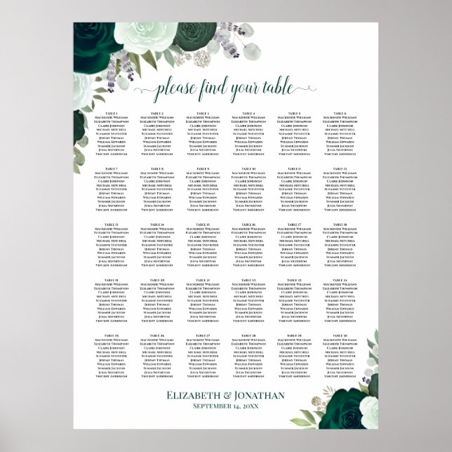 Emerald Roses Chic 30 Table Wedding Seating Chart (Front)