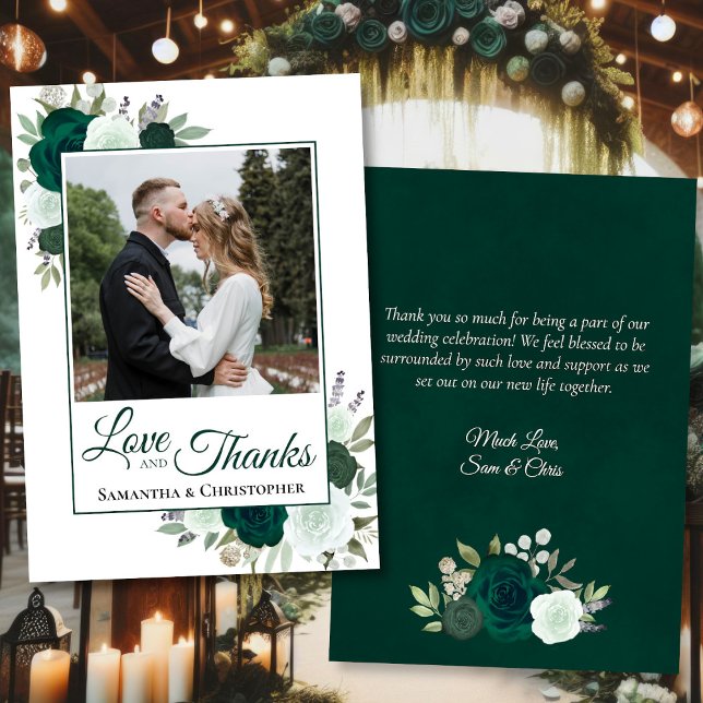 Emerald Roses Love & Thanks Wedding Photo & Note Thank You Card (Front/Back)