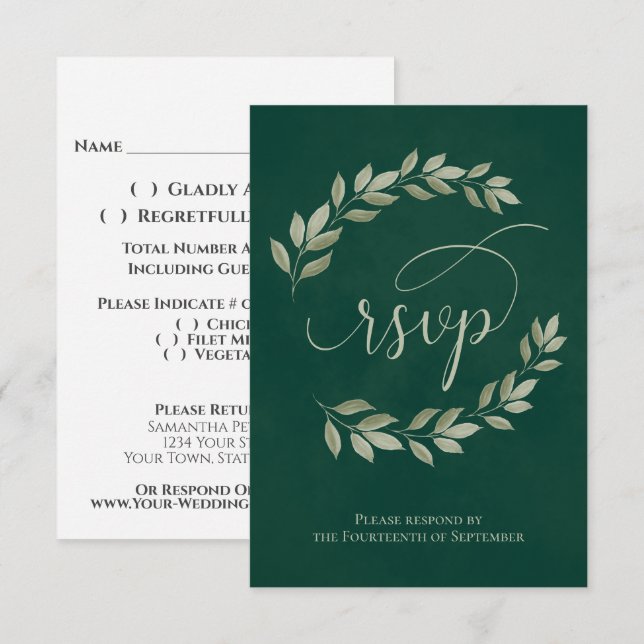Emerald & Sage Laurel Leaves Rustic Wedding RSVP Card (Front/Back)