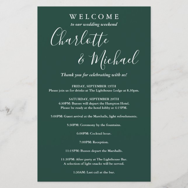 Emerald Script Guest Wedding Weekend Program (Front)