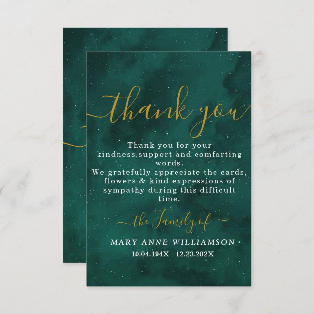 Emerald Script Minimal Funeral Thank You Card (Front/Back)