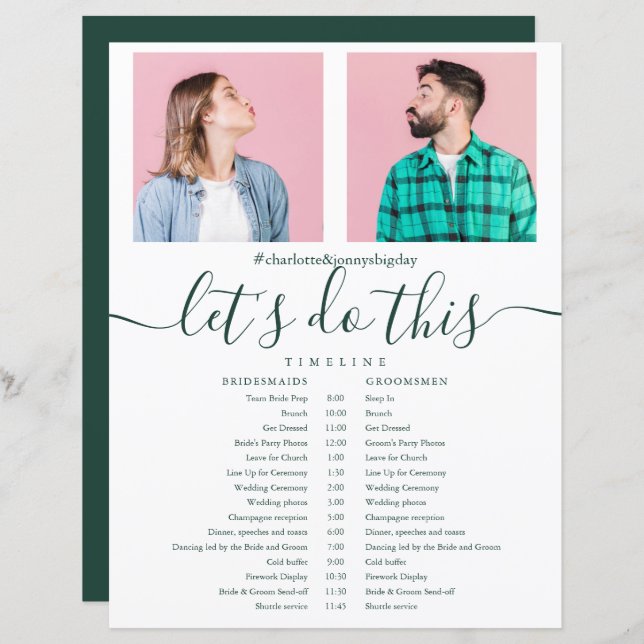 Emerald Script Photo Wedding Schedule Timeline (Front/Back)