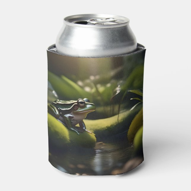 Emerald Serenity: A Green Frog by the River, Can Cooler (Can Front)