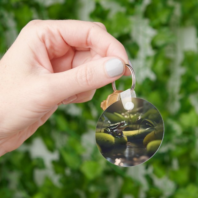 Emerald Serenity: A Green Frog by the River, Key Ring (Hand)