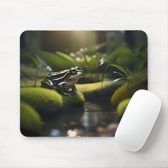 Emerald Serenity: A Green Frog by the River Mouse Pad (With Mouse)