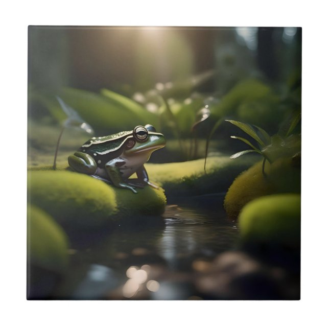 Emerald Serenity: A Green Frog by the River, Tile (Front)