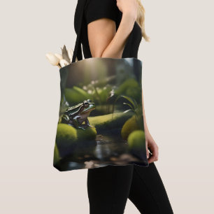 Emerald Serenity: A Green Frog by the River, Tote Bag