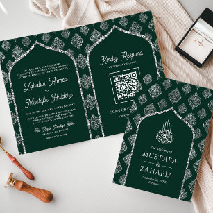Emerald Silver Damask Arch QR Code Muslim Wedding Invitation