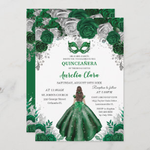 Emerald Silver Floral Masquerade Ball Quinceañera Invitation