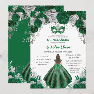Emerald Silver Floral Masquerade Ball Quinceañera Invitation
