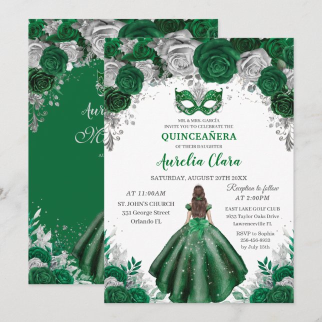 Emerald Silver Floral Masquerade Ball Quinceañera Invitation (Front/Back)