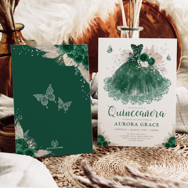 Emerald Silver Floral Quinceañera Dress Mis Quince Invitation (Creator Uploaded)