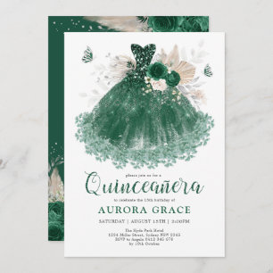 Emerald Silver Flower Quinceañera Mis Quince Anos Invitation