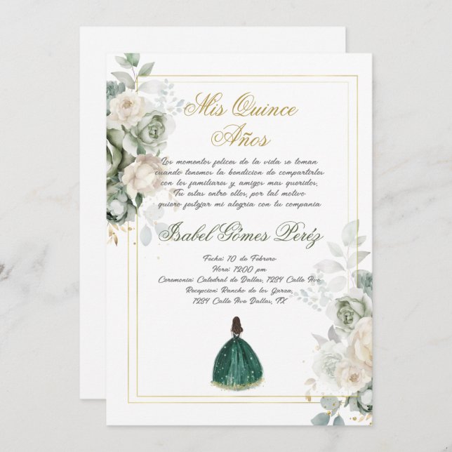 Emerald Spanish Quinceanera  Invitation (Front/Back)