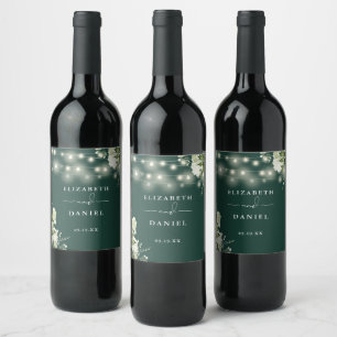 Emerald String Lights Floral Greenery Wedding Wine Label