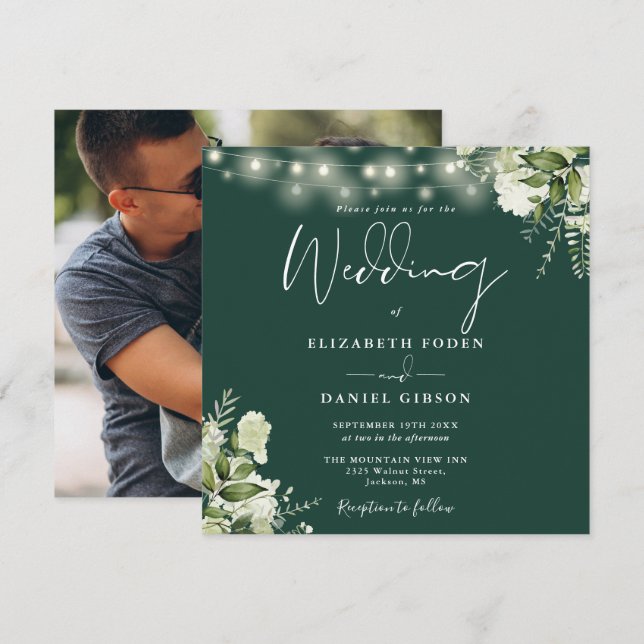 Emerald String Lights Floral Photo Wedding Invitation (Front/Back)