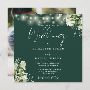 Emerald String Lights Floral Photo Wedding Invitation