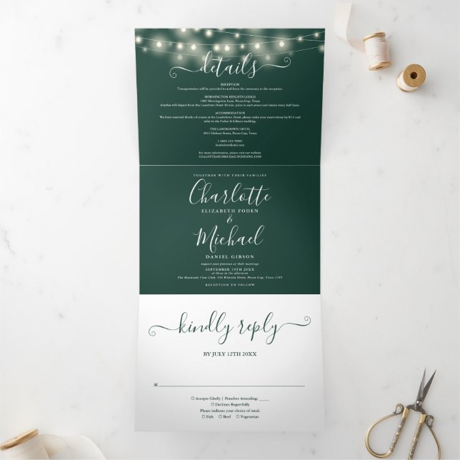 Emerald String Lights Script Monogram Wedding Tri-Fold Invitation (Inside)