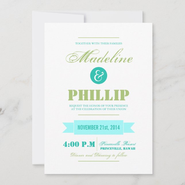 Emerald stripes and Sage modern wedding invitation (Front)