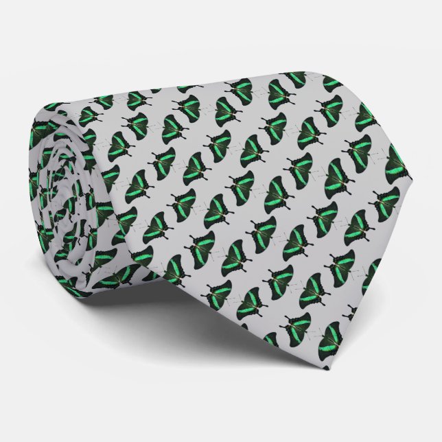 Emerald Swallowtail Butterfly Frenzy Tie (L Grey) (Rolled)