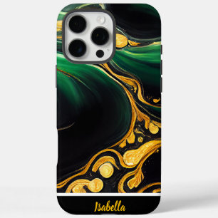 Emerald swirls and golden accents in marble art iPhone 16 pro max case