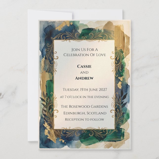 Emerald Teal Gold Ornate Abstract Wedding Invitation (Front)