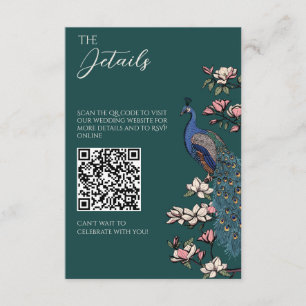 Emerald Teal Peacock QR Code Wedding Enclosure Card