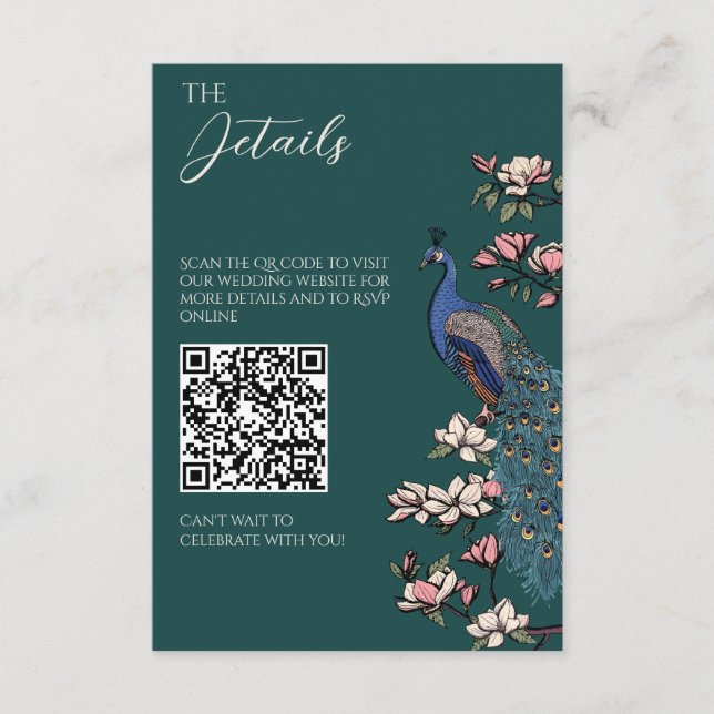 Emerald Teal Peacock QR Code Wedding Enclosure Card (Front)