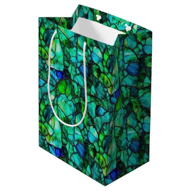 Emerald Teal Sea Glass Mosaic Abstract Pattern Medium Gift Bag (Back Angled)