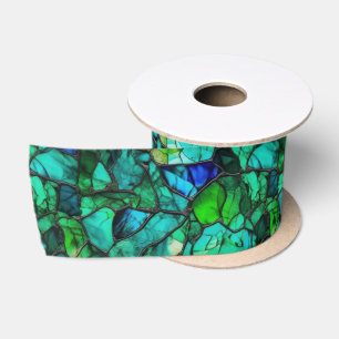 Emerald Teal Sea Glass Mosaic Abstract Pattern Satin Ribbon