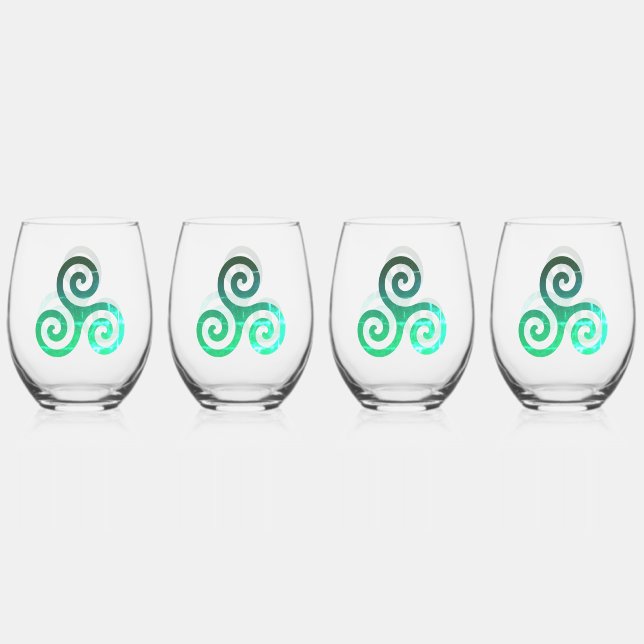 Emerald Triskele Ancient Celtic Symbol Set Stemless Wine Glass (Front)