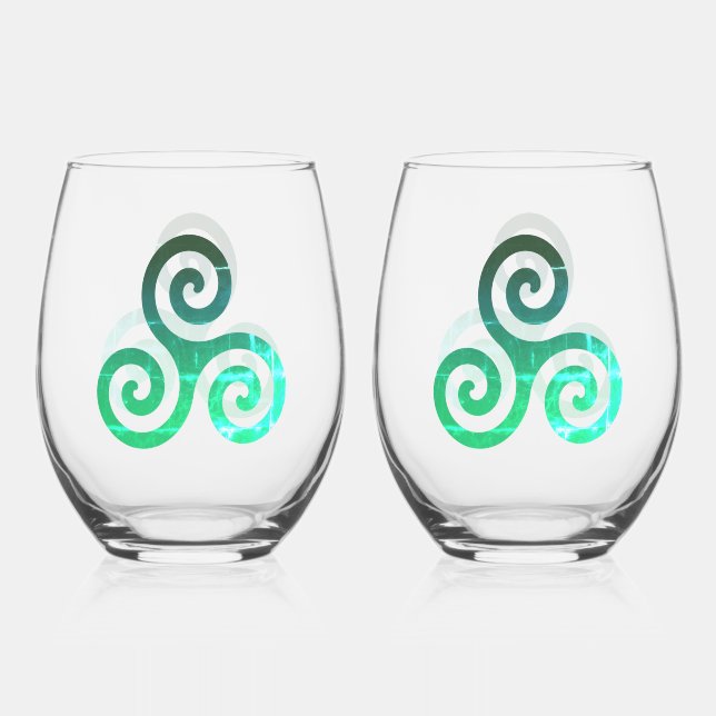 Emerald Triskele Ancient Celtic Symbol Stemless Wine Glass (Front)