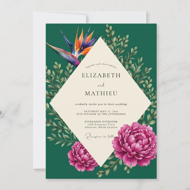 Emerald Tropical Bloom Wedding Invitation (Front)