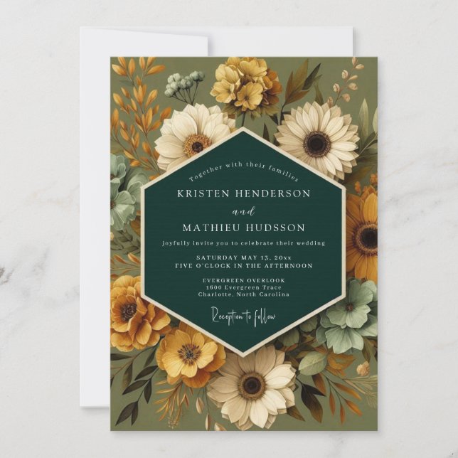 Emerald Vintage Flora Wedding Invitation (Front)
