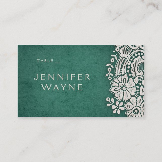 Emerald vintage lace rustic wedding place cards (Front)