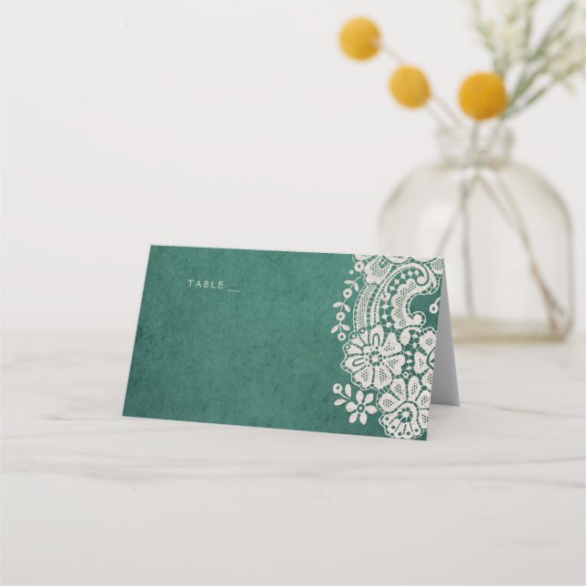 Emerald vintage lace rustic wedding place cards (Front)