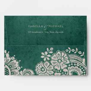 Emerald vintage lace rustic wedding return address envelopes