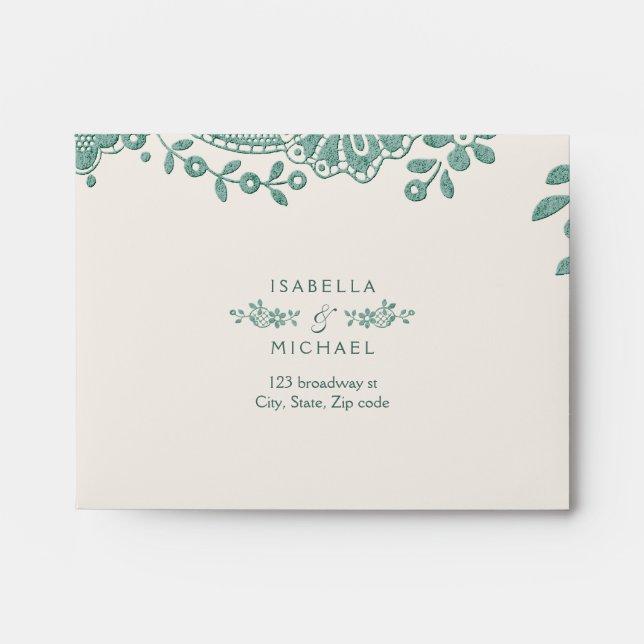 Emerald vintage lace rustic wedding RSVP Envelope (Front)