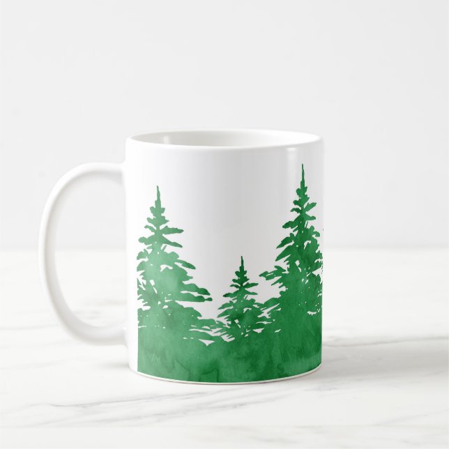 Emerald Watercolor Evergreen Trees  Coffee Mug (Left)