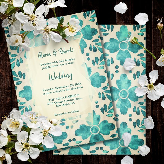 Emerald Watercolor Floral Mosaic Mexican Wedding  Invitation (Creator Uploaded)