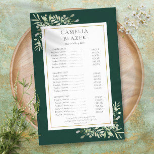 Emerald Watercolor Greenery Salon Service Menu