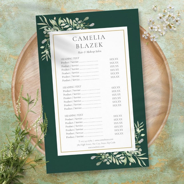 Emerald Watercolor Greenery Salon Service Menu (Emerald Watercolor Greenery Salon Service Menu Flyer)
