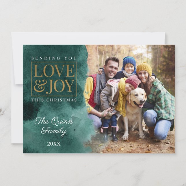 Emerald Watercolor with Gold Holiday Card (Front)