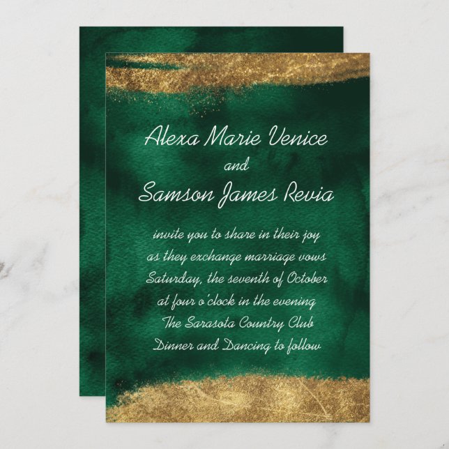Emerald Watercolor with Gold Invitation (Front/Back)